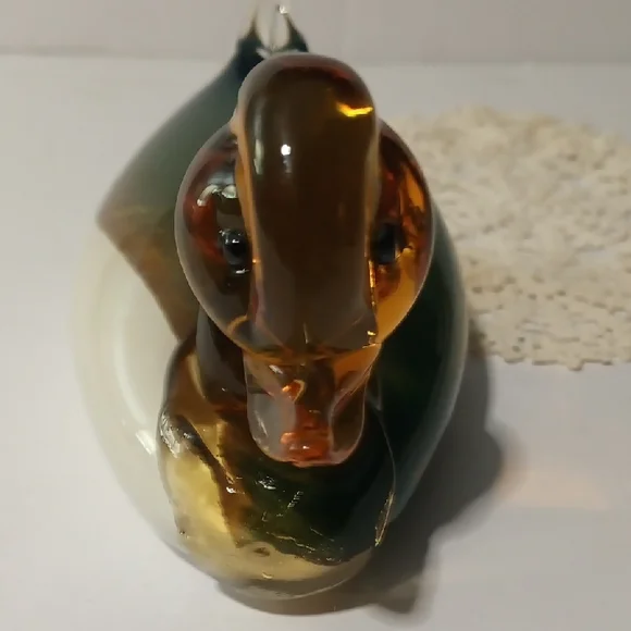 Murano Glass Duck Figurine - Green and Amber - Picture 12 of 13